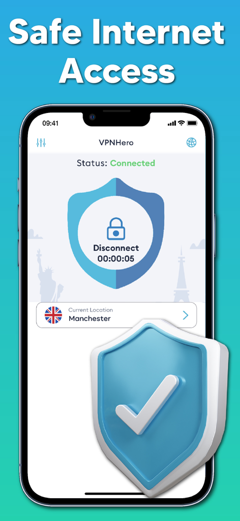 Aplicación VPN Hero mostrando una conexión segura con un ícono de escudo en un iPhone