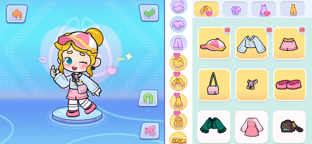 Écran de personnalisation de personnage dans Game World Life Story montrant une fille de dessin animé dans une tenue rose et bleue à côté d'un menu d'articles vestimentaires et d'accessoires.