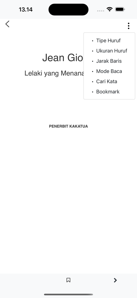 Baca Kakatua - A minimalist ebook reader interface with a dropdown menu for adjusting font and reading preferences.