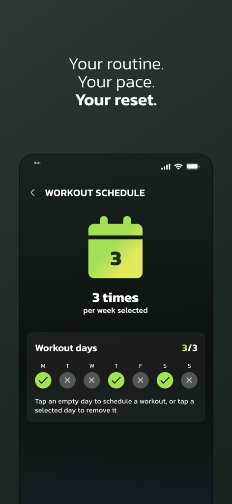 Muscle Charge - Muscle Charge app workout schedule screen showing a weekly training plan with three selected days