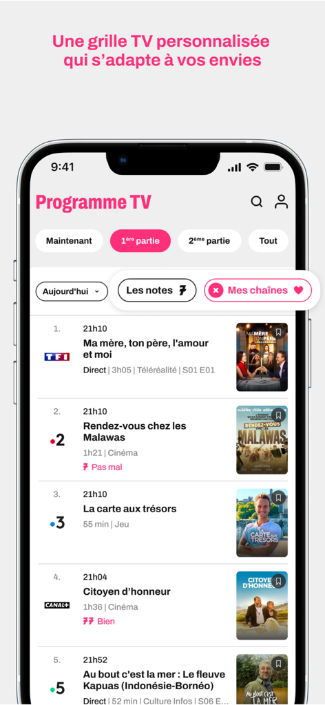 Interface de l'application Tele 7 Jours affichant un programme TV personnalisé avec les logos des chaînes et les notes éditoriales.