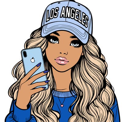 realistic beautiful girl wearing los ángeles cap holding an iphone