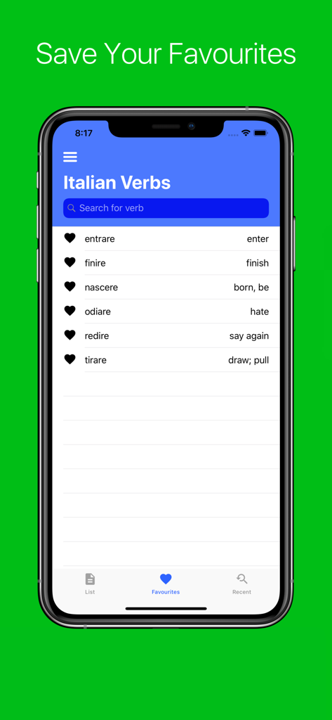 Italian Verb Conjugator - A list of saved favorite verbs with their English translations in the Italian Verb Conjugator mobile app.