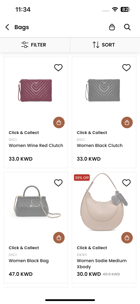 Ontime Online Shopping - Ontimeモバイルアプリのカタログ。女性向けのデザイナーハンドバッグとクラッチが表示されています。