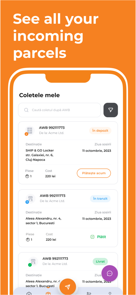 Cargus Mobile - Cargus Mobile app interface displaying a list of tracked parcels with delivery statuses and dates.