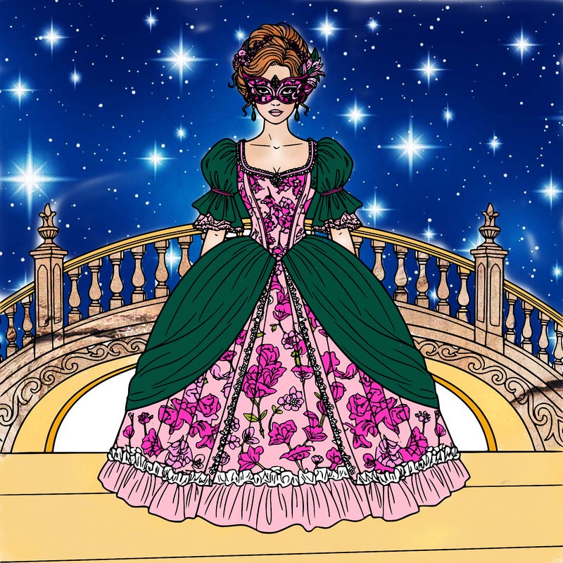 beautiful pricncess with a masquerade and beautiful bridgerton gown