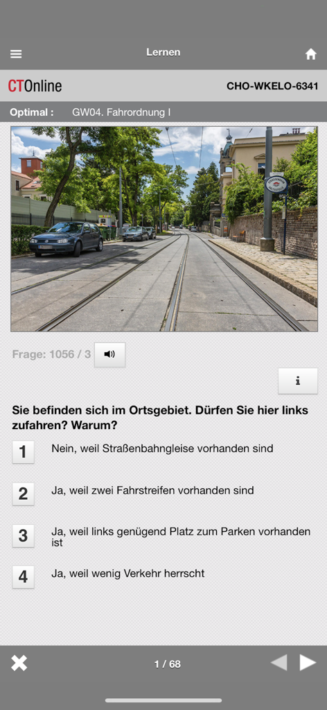 CTOnline - A driving theory test question on the CTOnline app showing a street with tram tracks and multiple-choice answers.