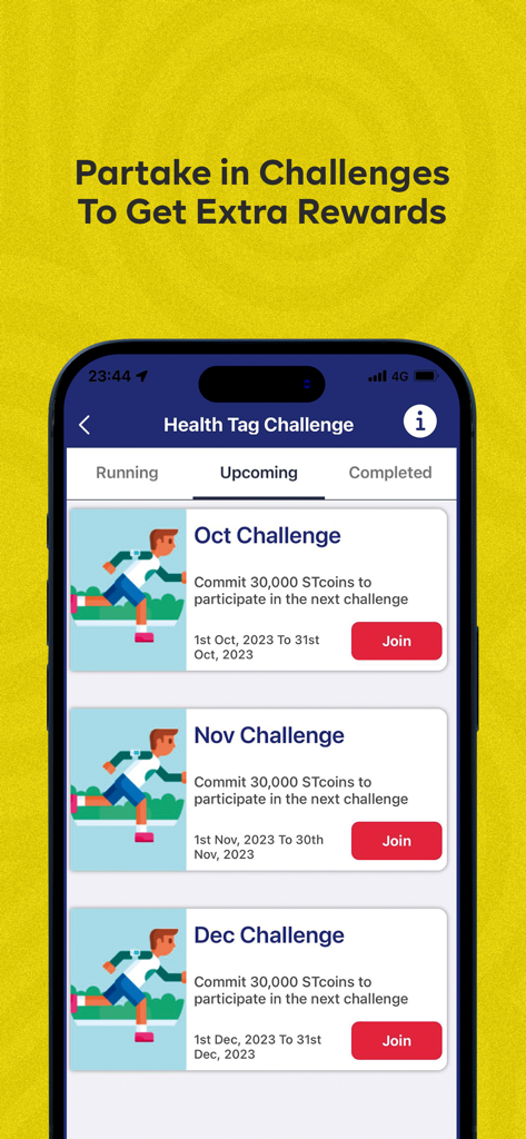 Street Tag - Street Tag app interface showing upcoming monthly health challenges and rewards to encourage physical activity.