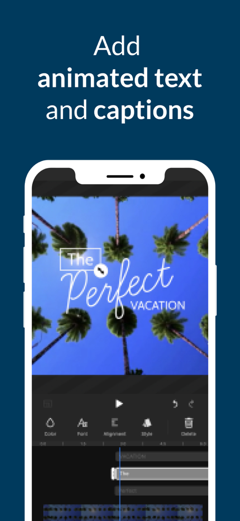 Interfaz de la app WeVideo para añadir texto animado y subtítulos a un proyecto de video móvil.