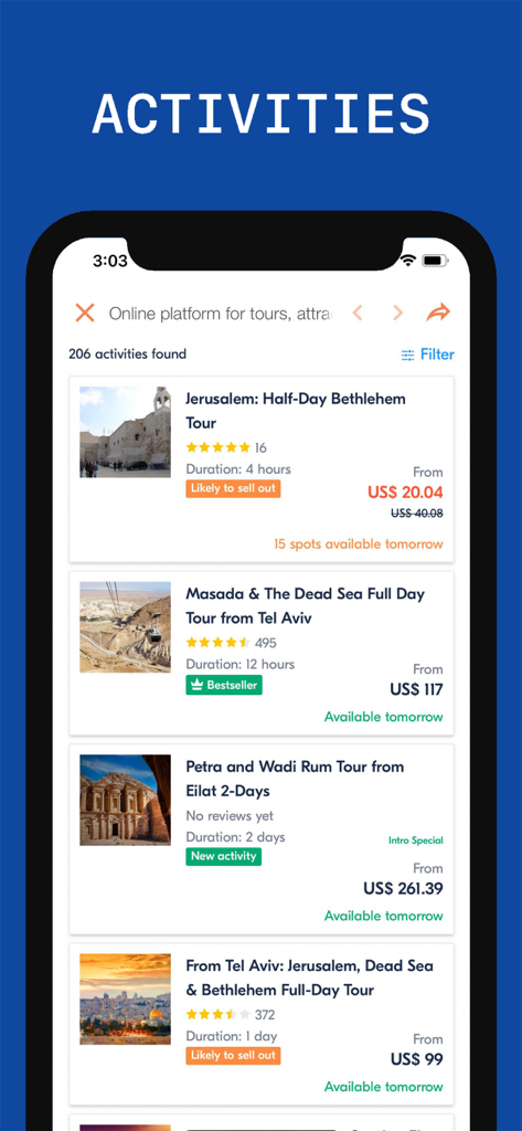 Mobile app screen showing a list of guided tours and travel activities in Israel with prices and ratings