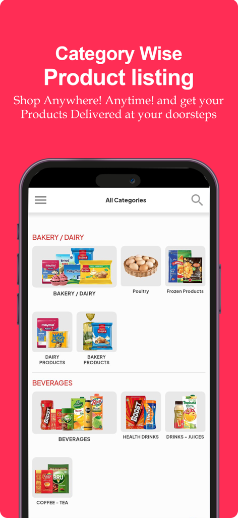 Grace Online Supermarket - Grace Online Supermarket app screen showing grocery categories for bakery dairy and beverages