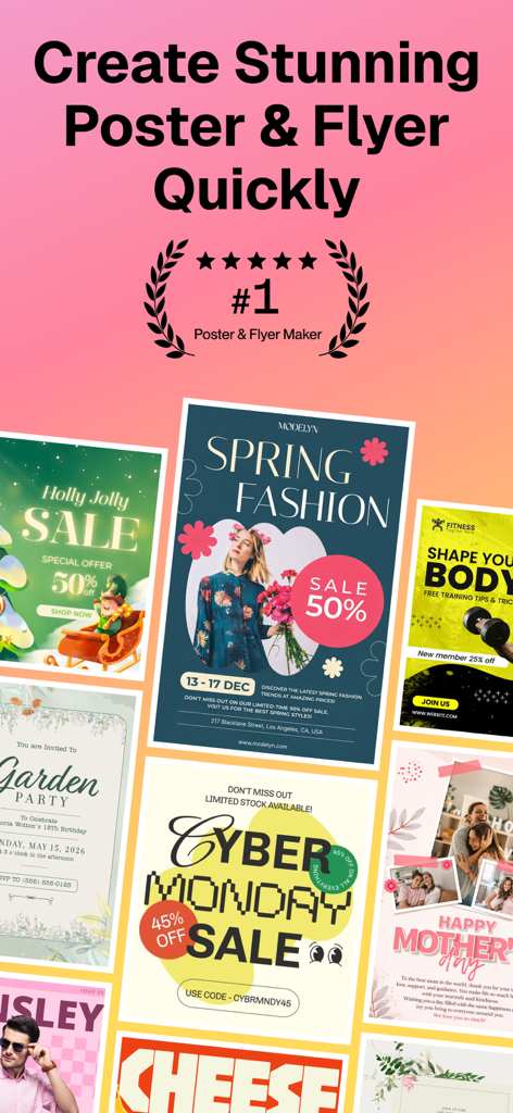 Flayer: AI Poster Maker, Flyer - セール、ファッション、ソーシャルメディアイベント向けのプロフェッショナルなポスターやチラシテンプレートのコレクション