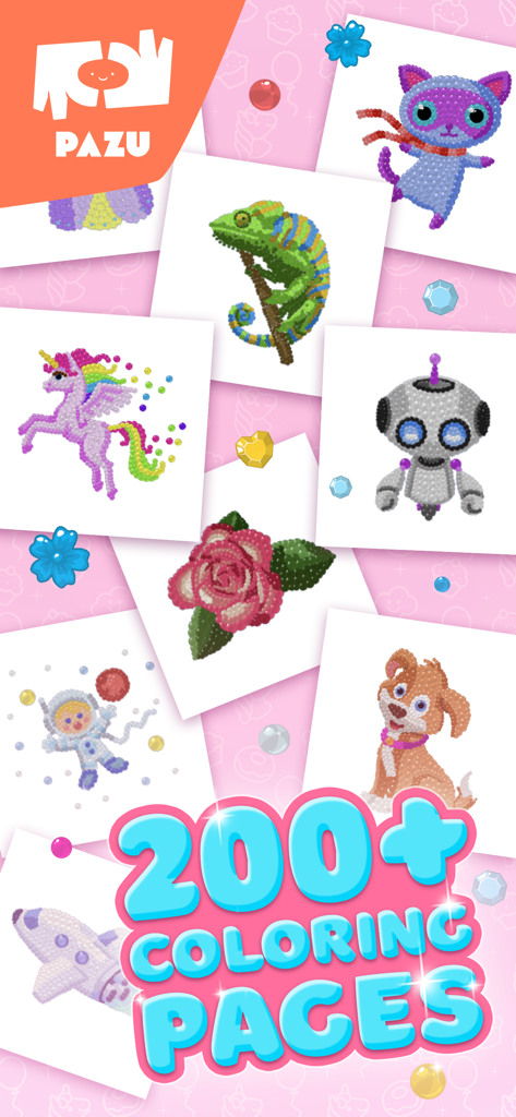 Color by number games for kids - A variety of colorful pixel art drawings for kids including a unicorn robot and chameleon