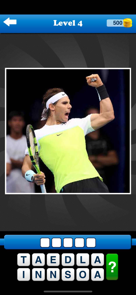 Whos the Player? Tennis Quiz! - A tennis trivia game screen showing a photo of Rafael Nadal for identification.