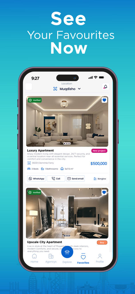 Homekey Finder アプリのお気に入り画面。検証済みの高級アパートのリスティングが表示されています。