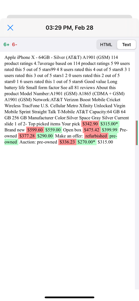 Distill Web Monitor interface showing highlighted price changes and tracking history for an iPhone X listing.