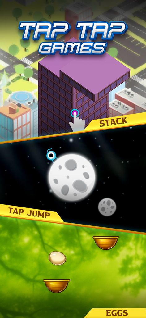 Addictive Games™ - Menu of casual mini games including Stack Tap Jump and Eggs