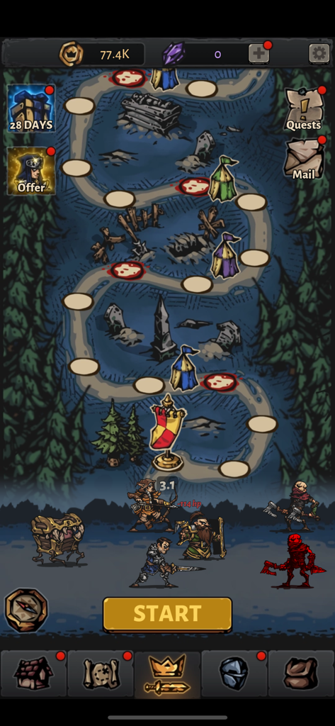 Darkest AFK: IDLE RPG Arena - Darkest AFK campaign map screen showing a forest path and hero battle interface