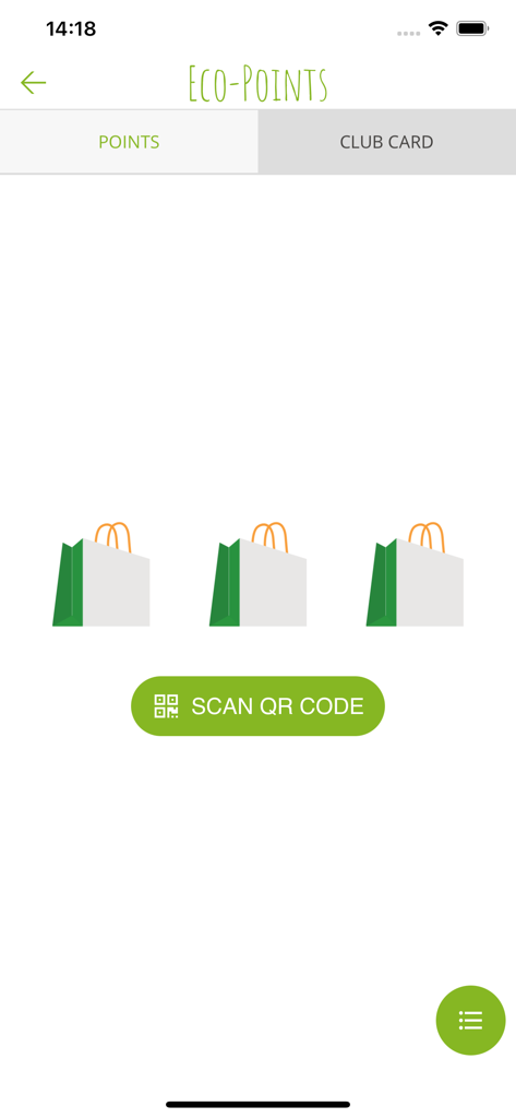 WePlanet - WePlanet App-Oberfläche, die den Öko-Punkte-Bildschirm mit einer Schaltfläche zum Scannen eines QR-Codes und Symbolen für Einkaufstaschen anzeigt.