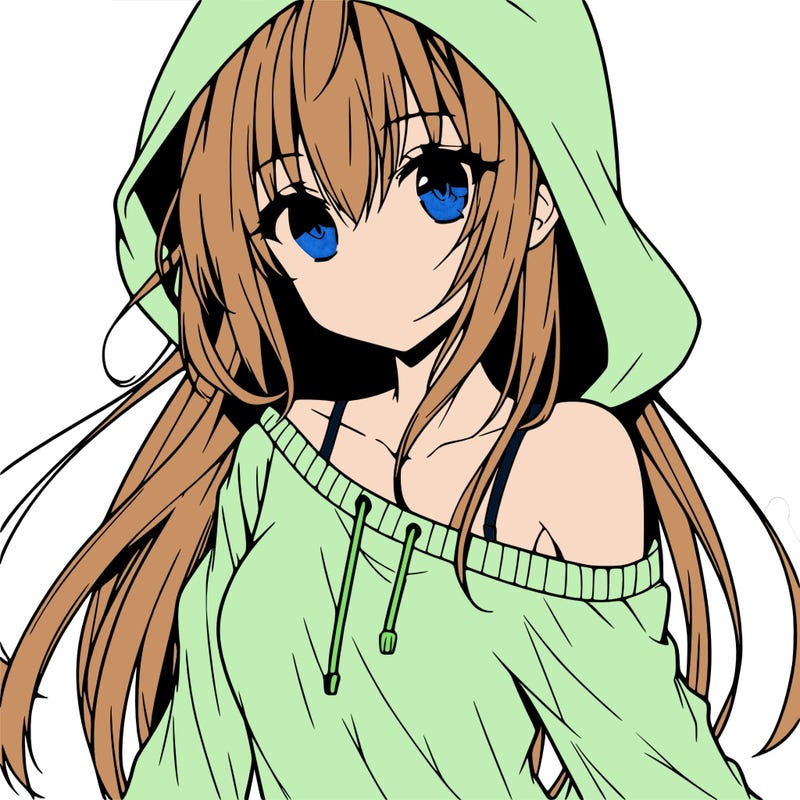 anime girl wearing long sleeve wearing hood, one shoulder sliding off side ways portrait