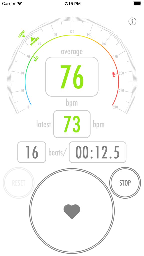 Heart Rate Counter app interface showing average beats per minute and a manual pulse tapping heart icon