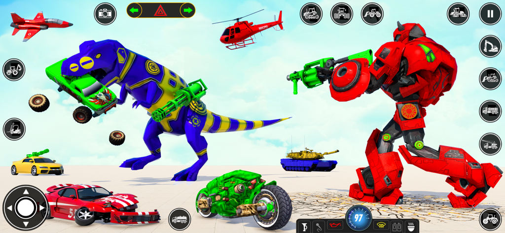 Super Robot Transform Games 3D - A giant red robot and a blue mechanical dinosaur robot in a battle scene with various combat vehicles