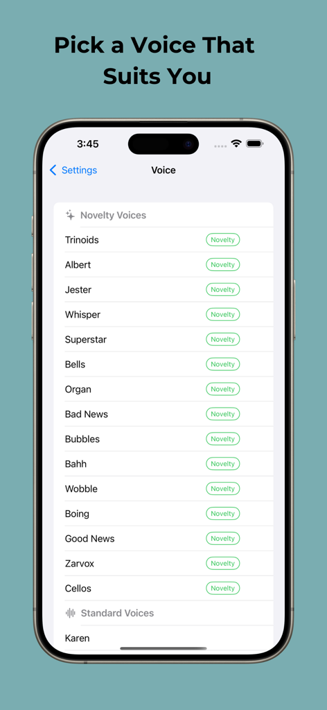 Eye Tracking Speech- GazeyTalk - Una lista de opciones de voz novedosas y estándar en la configuración de la aplicación CAA GazeyTalk.