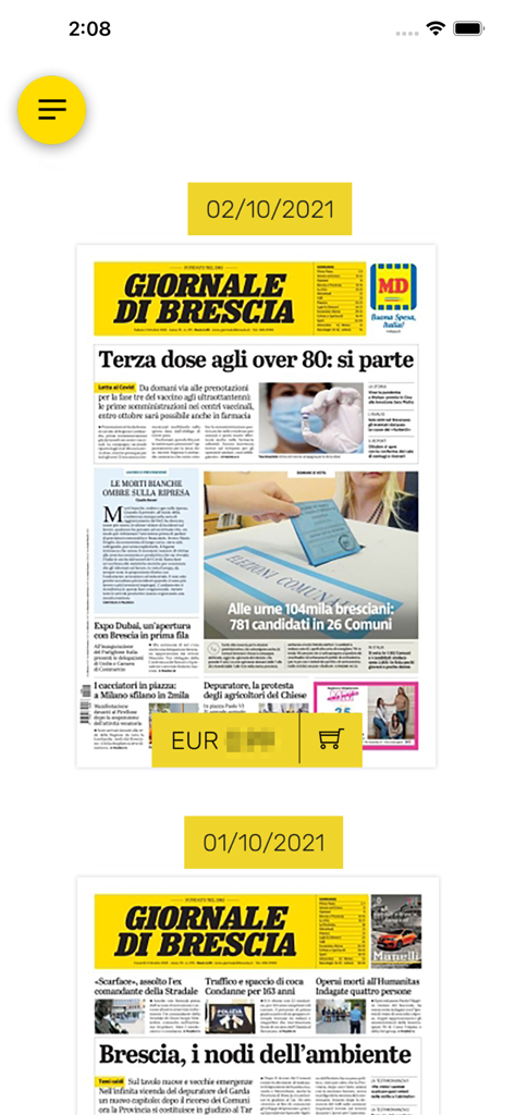 GDB replica - Vista archivio digitale nell'app GDB replica che mostra le edizioni giornaliere del quotidiano Giornale di Brescia.
