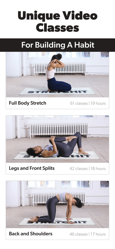 STRETCHIT app screen showing video class categories for full body stretching and mobility goals