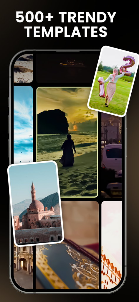 Smartphone screen showing trendy aesthetic Islamic video templates for social media creators