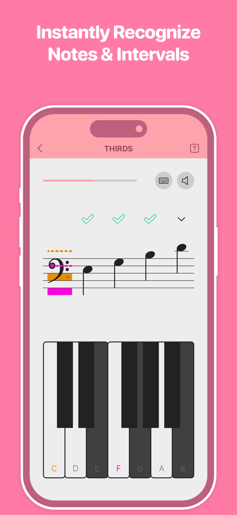 Notaforte: Sight Reading Tutor - Notaforte app interface showing a lesson for recognizing music notes and intervals on a virtual piano