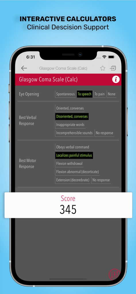 Glasgow Coma Scale interactive calculator interface in the Pediatrics On Call app
