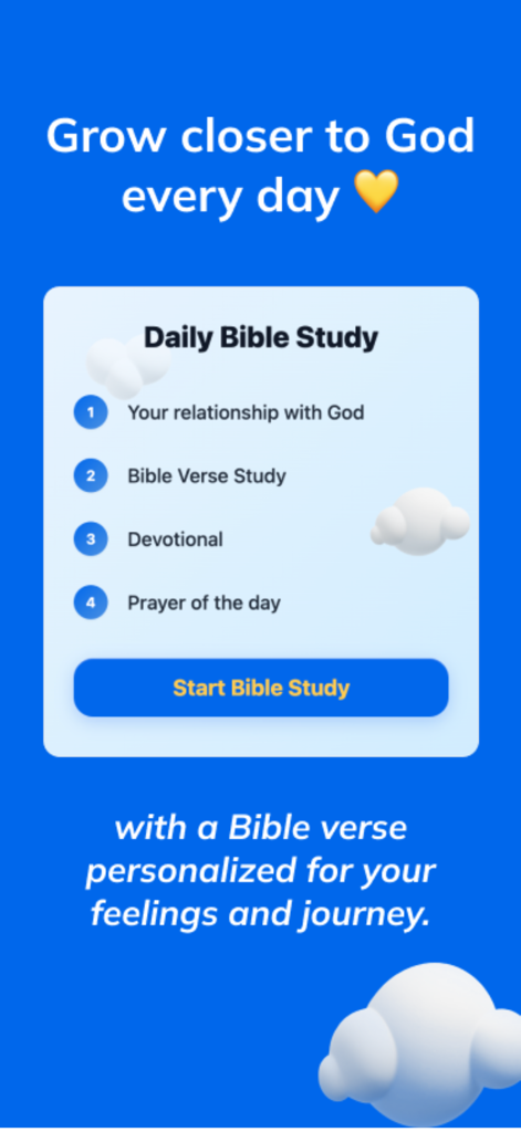 Daily Bible: Chat & Study - Interfaz de una aplicación móvil que muestra un plan de estudio bíblico diario personalizado con opciones para estudio de versículos, devocionales y oración