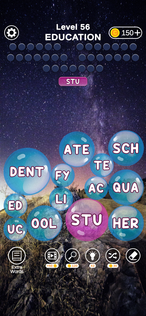 Word Bubbles - Relax Word Game - Word Bubbles Relax mobile game screen showing letter segments in floating bubbles over a starry night sky background.