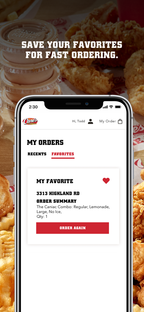 Raising Cane's app screen showing a saved favorite order with an order again button.