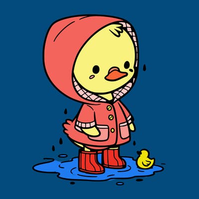 baby duck in a rain coat and boots, in a puddle while it’s raining