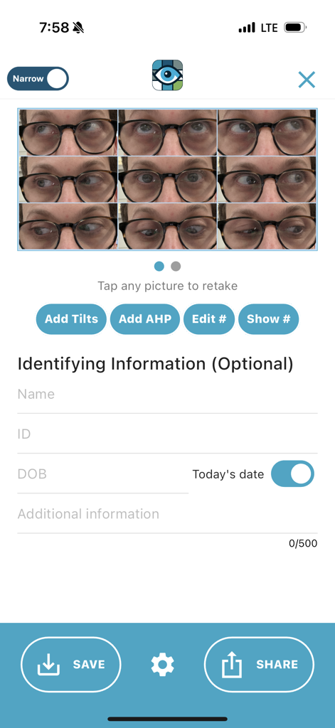 9 Gaze - Aplicación 9 Gaze mostrando nueve posiciones cardinales del ojo y detalles del paciente