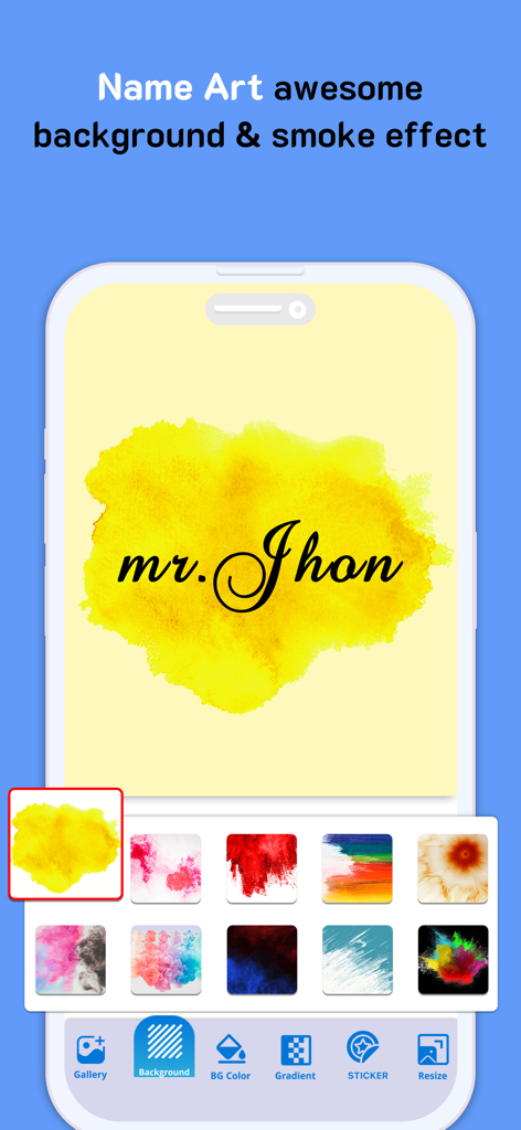 Add text to Photos - Text Art - Smartphone interface showing the creation of custom name art with a yellow smoke background effect