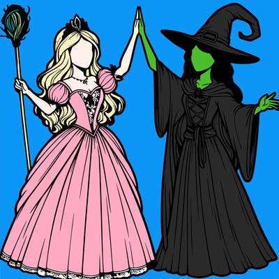 detailed realistic split of a princess and a witch