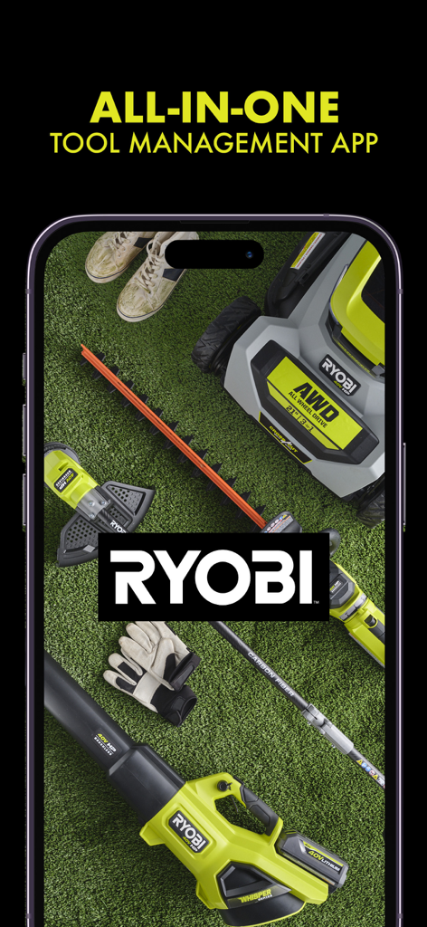 RYOBI - RYOBIオールインワンツール管理アプリ、芝生に置かれた様々な屋外用電動工具が表示されています
