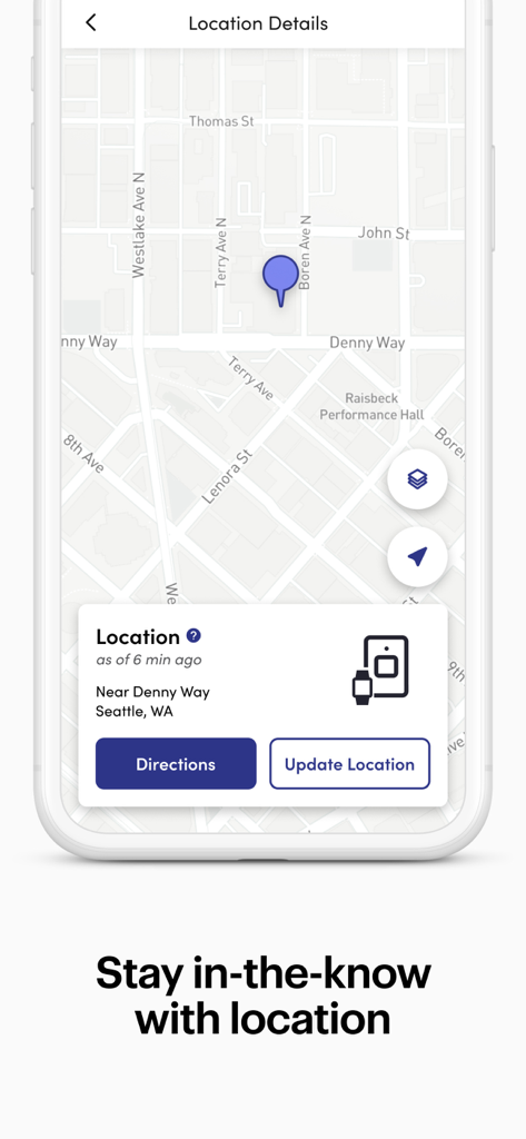 Lively Link - Lively Link app location tracking screen showing a loved ones position on a map with address details