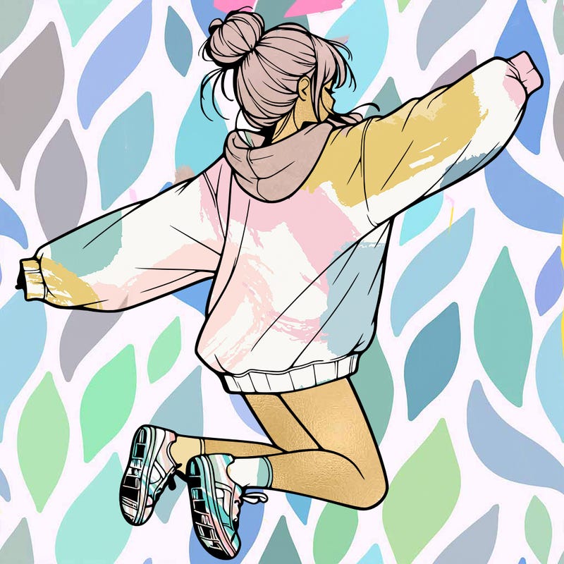 realistic girl jumping with a bun and oversized sweatshirt