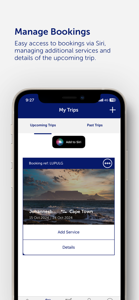 Fly Airlink - Fly Airlink app My Trips screen showing booking management and Siri integration for a flight from Johannesburg to Cape Town.