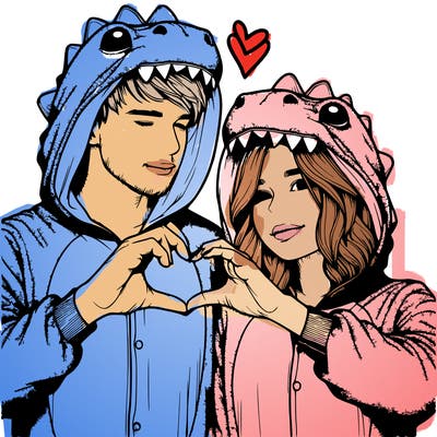 realistic couple wearing matching dinosaur onesies with heart hand gesture