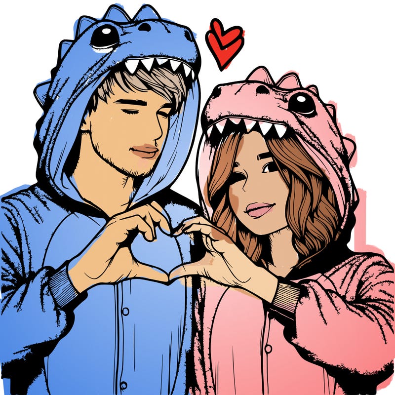realistic couple wearing matching dinosaur onesies with heart hand gesture