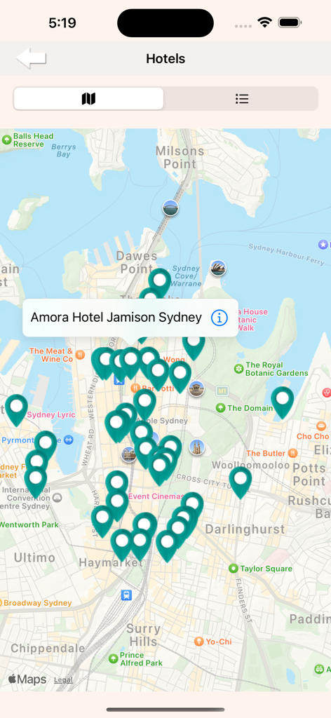 Map of Sydney displaying hotel pins and a selection for Amora Hotel Jamison in the State and NP in Australia app.