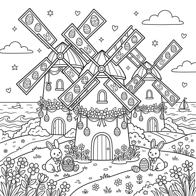 Step into a charming Easter scene with this delightful coloring page featuring coastal windmills. Adorned with festive decorations, cute bunnies, and hidden eggs, it's a perfect blend of spring joy and seaside charm.