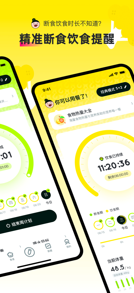 Light Food Go app interface showing an intermittent fasting timer and health tracking records