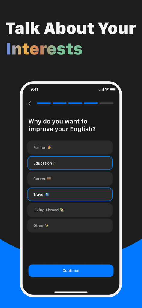 Lingua : AI English Learning - Interfaz de la aplicación Lingua mostrando la selección del usuario de objetivos de aprendizaje de inglés como educación y viajes.