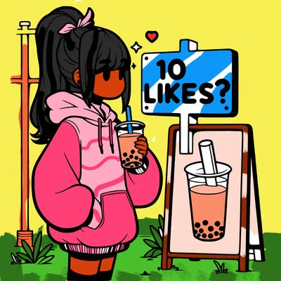 girl with oversized hoodie drinking boba and she has a high ponytail with a sign that says 10likes?